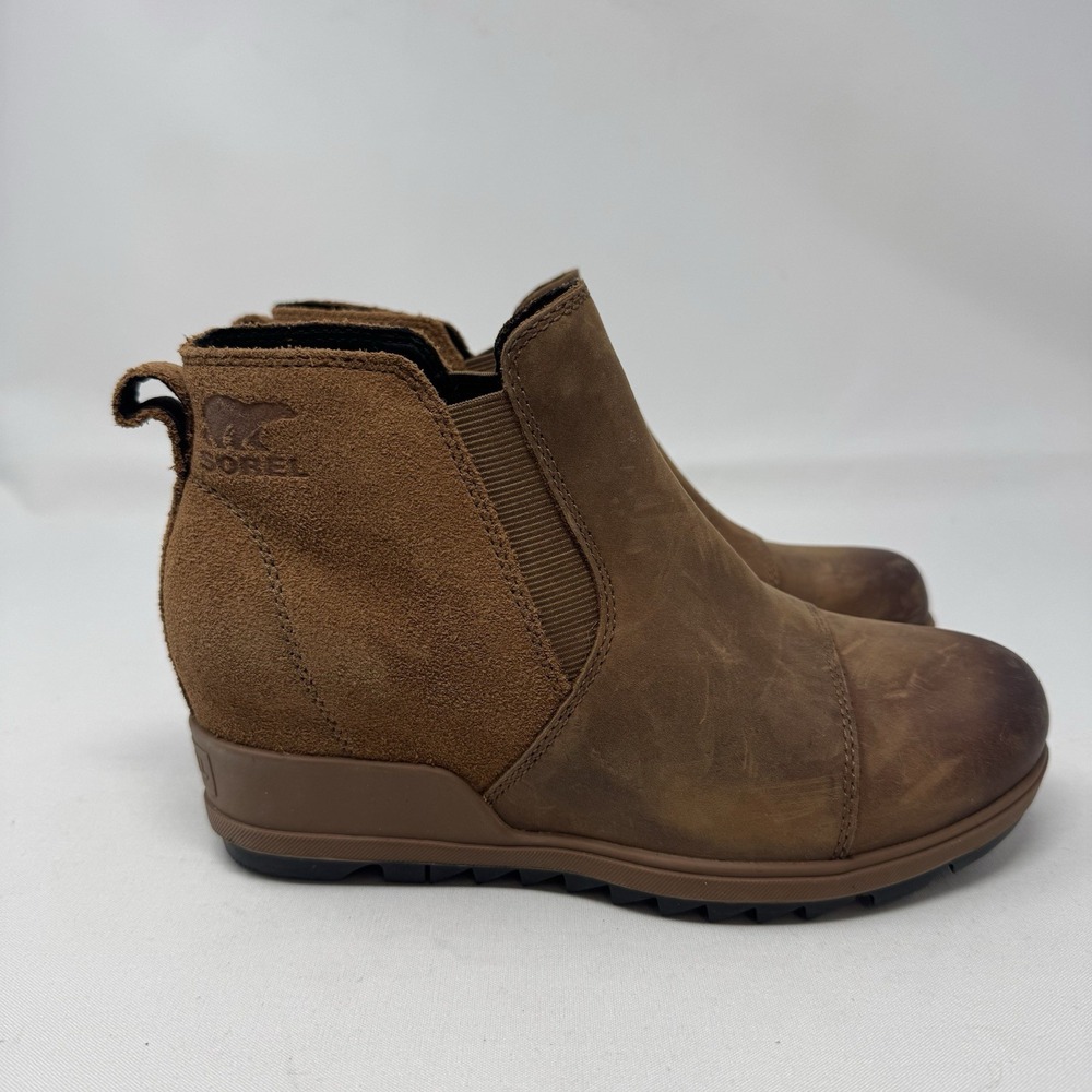 Sorel Evie Wedge‎ Chelsea Boots Womens Size 7 Brown Leather Suede Pull On Shoes